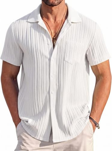 Remxi Mens Short Sleeve Shirts Casual Textured Summer Holiday Beach Tops | Vertical Cable Textured Fabric, Stretch Breathable Button Down Polo Shirt, Lightweight Solid Color Summer Casual Top for Men