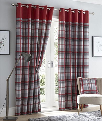 Homemaker Red curtains eyelet ring top lined curtains tartan check 66 x 72 (168x183cm)
