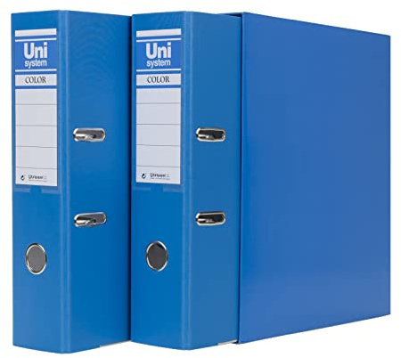 Unisystem - Archivador de Palanca y Caja de 2 Unidades, Tamaño A4, Anillas de 65 mm Niqueladas, Color Azul, Perfecto para Clasificar Documentos