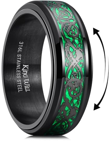 King Will Black Fidget Ring Celtic Dragon Spinner Ring Stainless Steel Ring Blue/Red/Purple Carbon Fiber Inlay 8mm Anxiety Ring For Men and Women