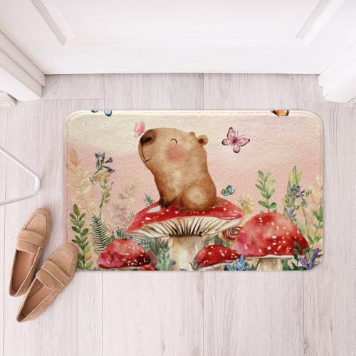 Funny Capybara Kids Bath Mats,Cartoon Rodent Animals Mats Rugs for Boys Girls Adults,Mushroom Daisy Romantic Bath Carpets,Colorful Cute Bath Rugs,Absorbent Floor Mats,20Wx32L Inches