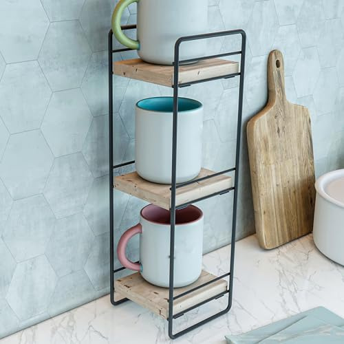 [en.casa] Tischregal Pargas Aufbewahrungsregal mit 3 Ablagen Küchenregal Regalaufsatz Holzregal stehend Organizer 43 x 14 x 13 cm Wandregal Schwarz/Natur