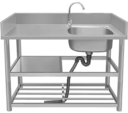Stainless Steel Kitchen Sink Commercial Sink Single Bowl 304 Stainless Steel Commercial Kitchen Sinks with Faucet and Storage Shelves with Workbench and Drainer Unit for Outdoor Indoor Restaurant (Co
