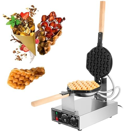 Dfdieratve MáQuina para Hacer Gofres de Burbujas Comercial, Plancha de Hojaldre de Burbujas de Huevo de 1400W con Sartenes Giratorias de 180° y Mangos de Madera, 50-300 ℃/122-572 ℉ Ajustable