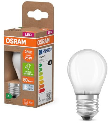OSRAM en forma clásica de mini bola, con filamento LED decorativo en diseño esmerilado, A, E27, 1,2 W, 255 lm, 4000 K, blanco frío. Sin calentar, 100% luz inmediatamente.