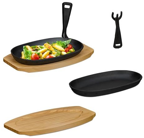 Relaxdays Servierpfanne, 2er Set, Gusseisen, mit Holzuntersetzern, abnehmbarer Griff, Grillpfännchen, schwarz/natur