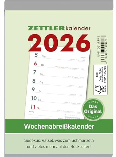 Zettler Wochenabreißkalender 2026 Typ 325 – Abreißkalender 11 × 15 cm, 1 Woche pro Seite mit Sudoku, Rezepten, Rätseln & Tipps auf den Rückseiten, FSC-zertifiziert