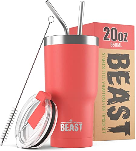 Beast Tumbler – 550 ml (20 oz), Corail | Gobelet isotherme en acier inoxydable réutilisable | Avec 2 pailles et brosse de nettoyage | Double paroi, idéal pour café chaud ou glacé | Sans BPA
