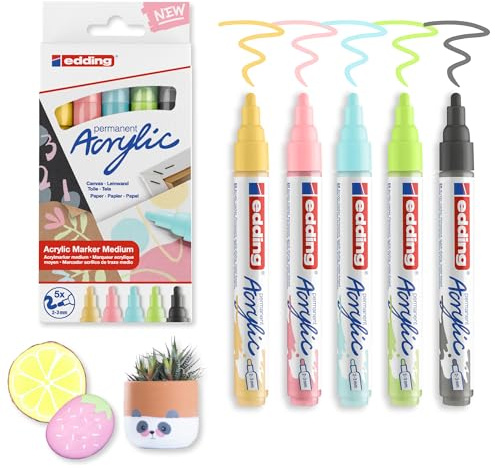 edding Acrylic Paint Markers Set - Art Supplies for Painting, Terracotta, Rocks, Canvas & Wood - 5 Blendable Pastel Colors, Permanent, Waterproof, Medium Round Nib, Permanent and Quick-Drying