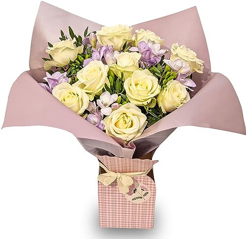 All Occasions Rose & Lily Fresh Flowers - White and Lilac - Ideal for Birthday, Anniversary, Mother's Day