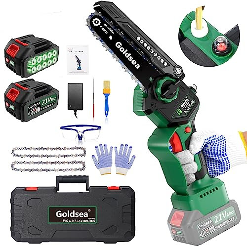 Mini Chainsaw Cordless Brushless, Goldsea 6Inch Electric Chainsaw with 2 x 4Ah Batteries Auto-Oil & Tool-Free Tension, Cutter for Sawing Trees Boards Gift for Men Fathers Husband