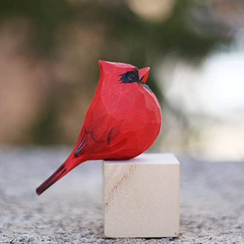 TALKLEK Figura de pájaro cardenal del norte de madera tallada a mano para decoración de estantes de mesa (cardenal masculino)