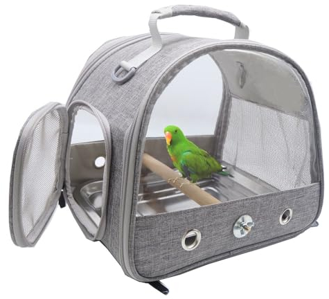 Vogel-Tragetasche mit Stehstange und Edelstahl-Tablett, atmungsaktiv, zusammenklappbar, für kleine Vögel, Reisetasche für Papageien, Sittiche, Kleintiere für Reisen, Wandern, Camping (grau)