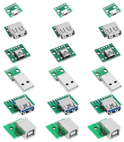 YINETTECH 18pcs USB vers Dip Breakout Adaptateur Convertisseur Mini 5p/2,54mm 4p/2.0 4p/3.0 Plat/Micro USB Type B/Type-B Carré PCB Module de Carte de Dérivation d'alimentation