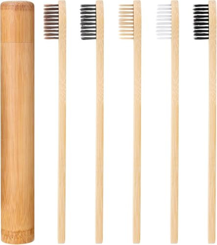 Bambus Zahnbürste Mittel, 5er Set Zahnbürste Bambus, natürliche Holzzahnbürsten mit extradünnen Borsten und Bambusrohr, null Abfall Holzzahnbürste für Erwachsene und Kinder Reise-Set