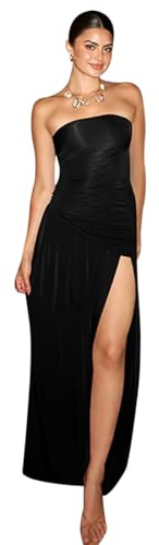 AOWVUTS Robe Longue Sans Manches Epaules Dénudées Fendue Sexy Moulante - Maxi Froncée Bandeau de Cocktail Elégante pour Soirée Casual Mariage Fête