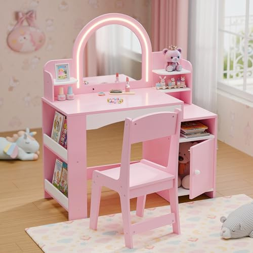 Kids Vanity with Lights, Kids Makeup Vanity with Bookshelf, Enclosed Cabinet and 3-tier Open Shelves, Little Girl Vanity Table Set with Lighted Mirror and Stools, Toddler Vanity for Girls (Pink)