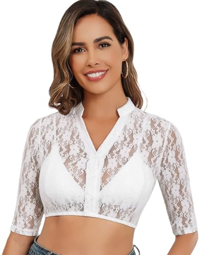 Zeagoo Dirndl Camicetta da donna in pizzo, colore bianco, con scollo a V, elegante a mezza manica, per Oktoberfest, con bottone, XS-3XL, bianco, S