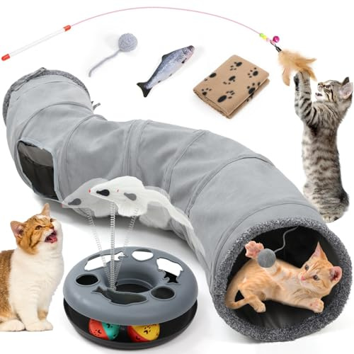 XIAPIA Katzentunnel Faltbar Katzenspielzeug, Katze Spieltunnel mit Ball, Interaktives Katzen Spielzeug Selbstbeschäftigung, Rascheltunnel für Kitten Hasen Kaninchen Meerschweinchen Indoor Outdoor