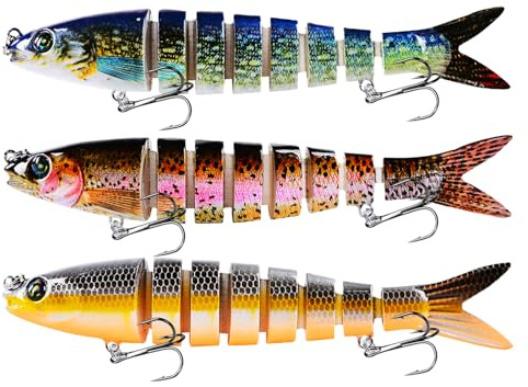RoseFlower Set de 3 Señuelos - Señuelos de Pesca Multiarticulados de 8 Segmentos de Hundimiento Lento para Agua Dulce y Salada, Accesorios Ideales para la Pesca con Mosca y la Pesca en Mar