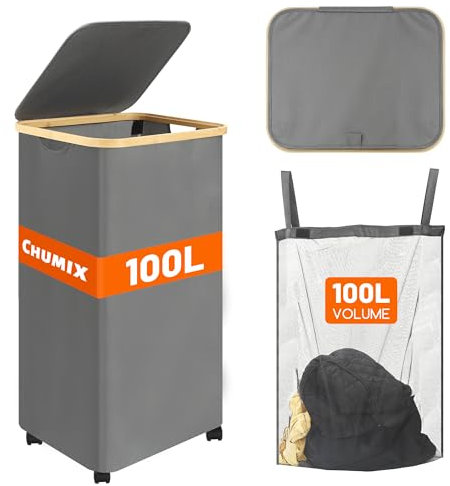 Chumix Cesto Portabiancheria con Ruote, 100 L Portabiancheria Sporca Pieghevole con Coperchio, Cesta Portabiancheria Salvaspazio, Borsa Interna Rimovibile, per Bagno, Dormitorio, Lavandería, Grigio