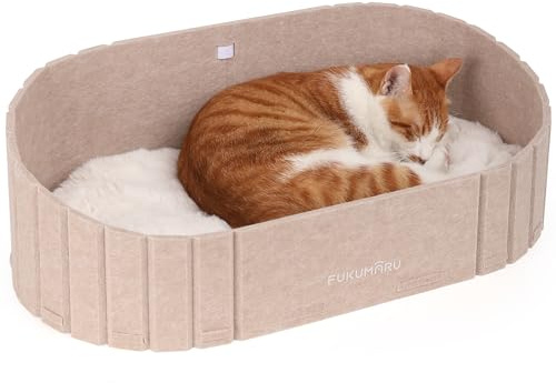 FUKUMARU Cuccia per Gatti Interno- Letto Extra Large 60 cm con Cuscino in Peluche Finto Coniglio, Divano/Casa Ovale in Feltro per Gatti Domestici. Sabbia