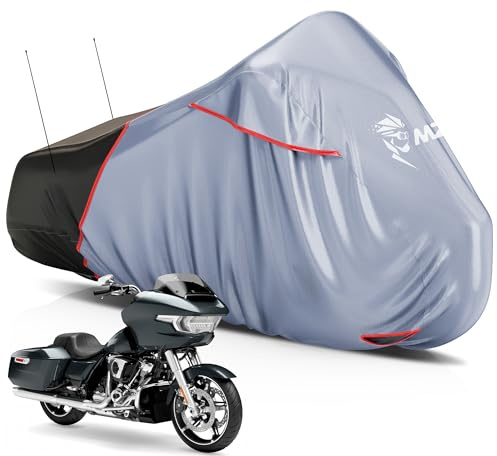 MZS Motorcycle Cover Waterproof Outdoor, Heavy Duty All Season Weather Sun Protection with Storage Bag Vents Night Reflective Cotton Lining Lock Holes fits up to 104 Motorcycles Vehicle Covers