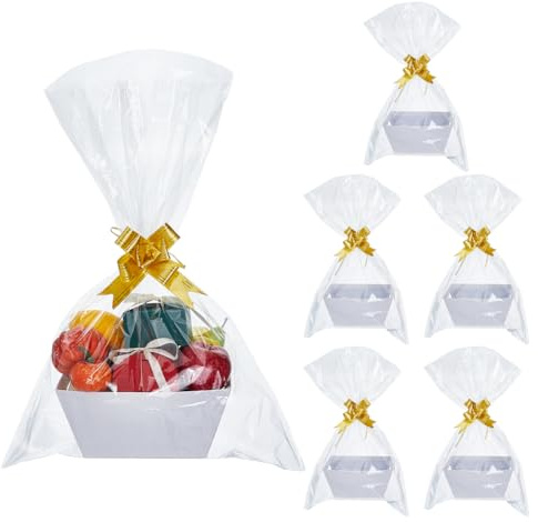 SUPERFINDINGS 6 cestas de cartón blanco cestas de regalo juego vacío con bolsas de plástico y lazos, cajas de almacenamiento de papel kraft para regalo, suministros de manualidades estables, paquete