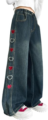 SEAUR Jeans holgados de pierna ancha para niñas con cintura elástica estampada Y2K, pantalones de mezclilla vintage para niños, holgados, pantalones casuales, Corazón rojo, 12-13 años