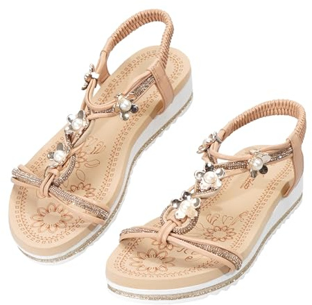 JOMIX Sandali Donna Estivi Eleganti Boho con Perline e Zeppa Comode Scarpe Aperte con Elastici Ciabatte da Mare e Piscina per Vacanza e Spiaggia (KHAK,41)