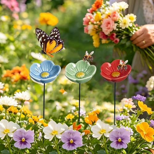 Paquete de 3 Estaciones de riego de Abejas de cerámica para jardín, baño de colibrí de cerámica Decorativo Colorido, alimentador de Agua en Forma de Flor para baño de pájaros y Abejas para Patio