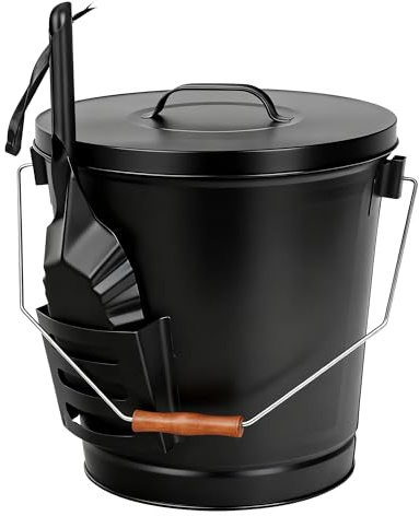 F2C 5.5 Gallon Large Ash Bucket with Lid and Shovel Fireplace Tool Set,Galvanized Metal Coal and Hot Ash Pail for Fireplace, Fire Pits, Wood Burning Stoves, Grill, Outdoor,Home Black