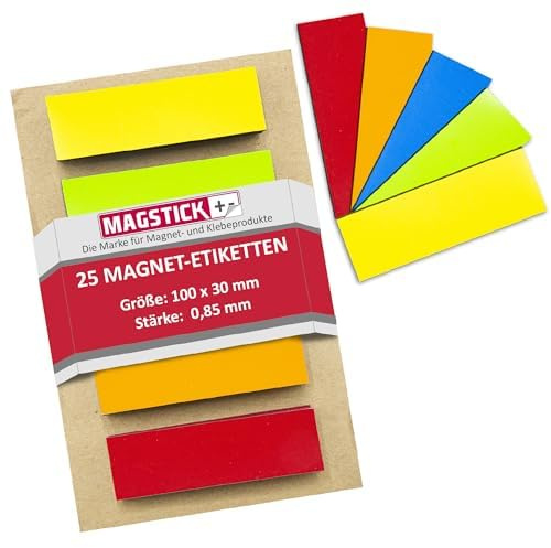 Magstick Etichette magnetiche colorate 25 pezzi I 10 x 3 cm I 5 strisce per colore I riutilizzabili possono essere tagliate a misura e pulite I strisce magnetiche per lavagna bianca I mag217