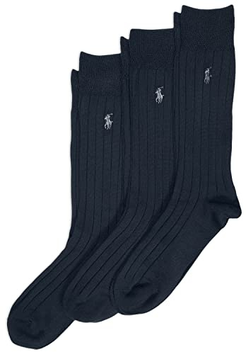 POLO RALPH LAUREN -Mens Super -Ribbed Socks 3 Pair Pack - Lightweight Comfort Soft -Ribbered Dress Crew, Navy, 12-17 US