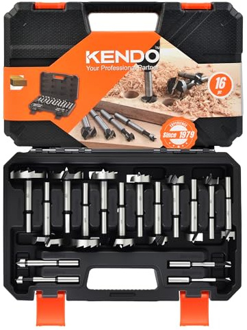 KENDO Juego de 16 brocas Forstner, hechas de acero de aleación, brocas Forstner para carpintería, abridor de barrena, herramienta de corte de perforación de vástago redondo para madera dura, madera