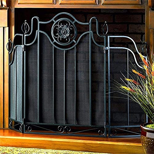 Parascintille Copricamino Semplice Nero a 3 Pannelli, Protezione Antincendio Moderna in Ferro battuto Copertura in Rete Scintilla per Caminetti Stufe Griglie Present