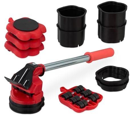 Relaxdays Kit Elevador y Ruedas para Muebles, Deslizadores hasta 150 kg, Giratorio, 8 Tacos Elevación, Negro y Rojo, Caucho, 14 Piezas