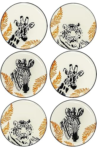PHRYGIA Porcelain Plate Set, Set of 6, 8.3 Inch, Lightweight Ceramic, Safari Pattern (21cm)