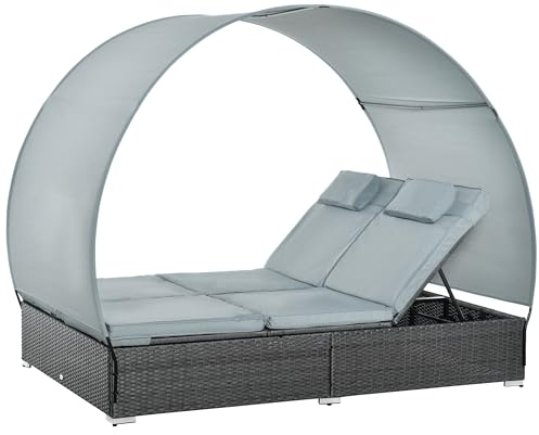 Outsunny Poly Rattan Doppelliege Gartenliege für 2 Personen mit Sonnendach Sonnenliege Polyester Stahl Grau 196 x 137 x 36,5 cm