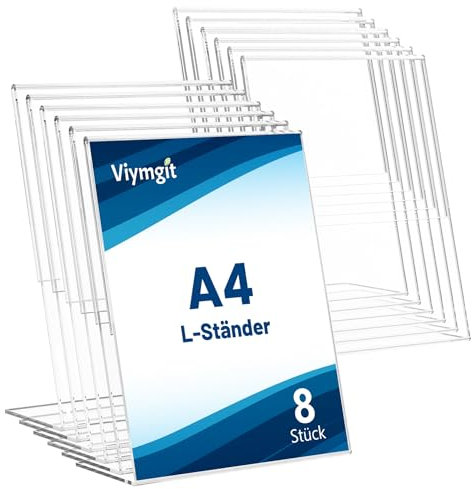 Viymgit 8 Stück Aufsteller DIN A4, glasklarer L-Ständer Hochformat Acryl A4 Werbeaufsteller, Tischaufsteller für Werbung, Speisekarte, Hinweisschild