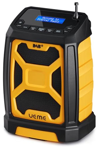 Baustellenradio Mit Akku Aufladbar, Tragbares DAB Plus/FM Radio Mit Bluetooth Lautsprecher, Radiowecker, Starkem Empfang, Inklusive USB to Dc Netzkabel (Gelb)