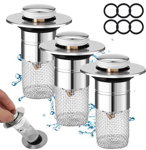 Waschbeckenstöpsel mit Sieb, 3 Teiliger Abflussstopfen Waschbecken Universal Pop Up Abflusssieb Stöpsel Waschbecken Bodenablauf Filter aus Edelstahl,Für 34-40mm Abflussstopfen für Aufsatzwaschbecken