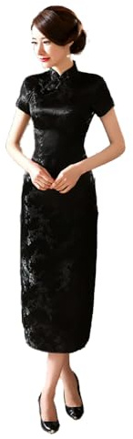 Women Cheongsam Long Dress Evening Short Sleeve Slim Fit Maxi Dress Floral Faux Silk Stand Collar Bodycon Qipao (US, Alpha, X-Small, Black)