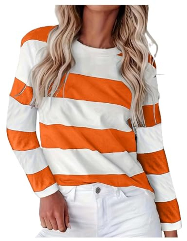 Camisetas a rayas para mujer, sin capucha, sueltas, informales, ligeras, básicas, de manga larga, para fiesta, elegante, para el trabajo, Reino Unido, blusas y camisas para mujer, naranja, M