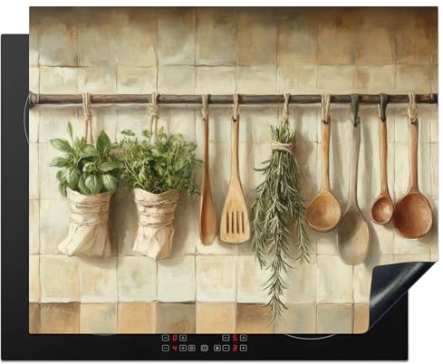 KitchenYeah© Protector Vitroceramica 65x52 cm Tapa para induccion Placa Encimera Cubre de Protectora Cocina Madera - Utensilios de Cocina - Bodegón - Azulejos
