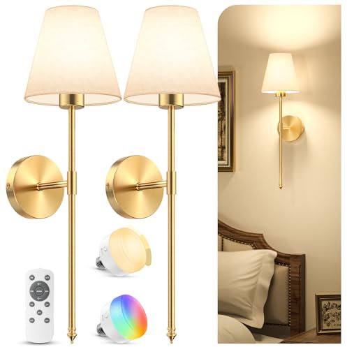 VOLISUN 5200mAh Battery Operated Wireless Wall Lights Set of 2, 60CM Rechargeable Wall Lights with Dimmable Detachable Bulbs and Remote, 12-Color Wall Sconce Lighs for Bedroom Living Room(Gold)