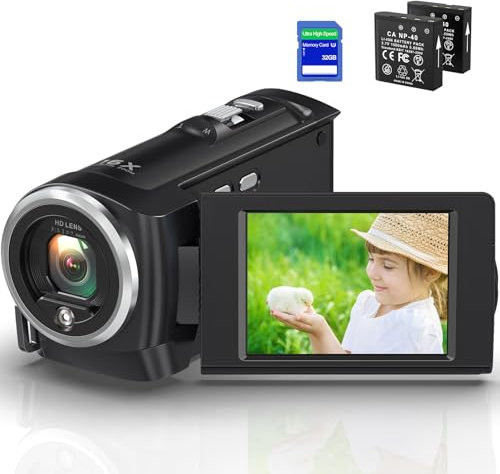 Delmodes Camcorder 2.7K 16X Digital Zoom Camera for YouTube with LED Fill Light, 2.8 Inch LCD Screen with SD Card, 2 Batteries