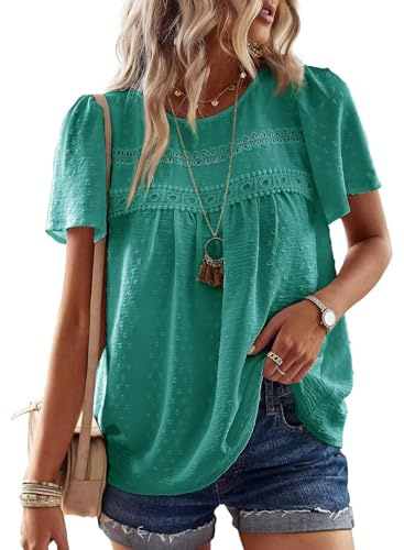 TUUHAW topp damer sommar boho blus kortärmade toppar flödande elegant rund hals t-shirt tunika lediga kläder spetskläder