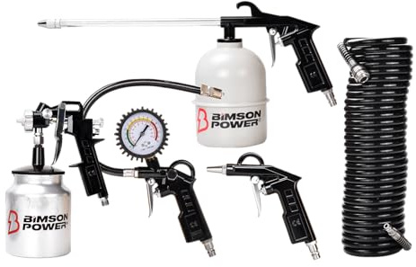 Bimson Power 5 Piece Suction Spray Gun Kit – Air Tools Set with Tyre Inflator, Blow Gun, Air Wash Gun, Paint Spray Gun & 5m Hose – 1/4” BSP – Ideal for DIY, Garage, Compressor & Workshop Use