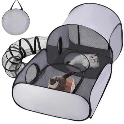 Enclos de jeu pliable pour chat avec tunnel, parc d'extérieur avec maille respirante, pour petits animaux, maison, camping et voyage